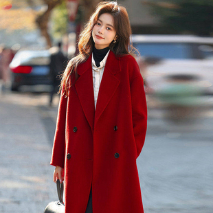 酒红色毛呢外套女韩系秋冬装大码胖mm200斤新年结婚加厚呢子大衣
