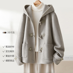 浅灰色连帽毛呢外套女秋冬装韩系大码胖MM宽松小个子短款呢子大衣