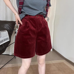 后松紧显瘦阔腿休闲五分裤 酒红色灯芯绒中裤 女欧洲站秋冬高腰大码