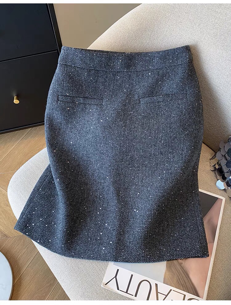 灰色闪亮片毛呢半身裙女小香风裙