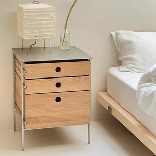物宅 不锈钢斗柜实木卧室床头柜收纳柜客厅储物大容量沙发边几柜