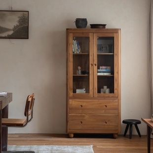 物宅 柚木复古双开门立柜展示柜书柜实木收纳商用储物柜客厅酒柜