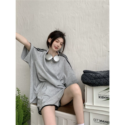 Летний спортивный костюм для школьников, ретро шорты, комплект, свободный крой, короткий рукав