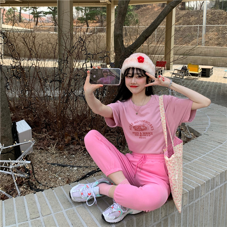實價實拍粉色少女心鬆緊腰哈倫九分褲+印花短袖T恤套
