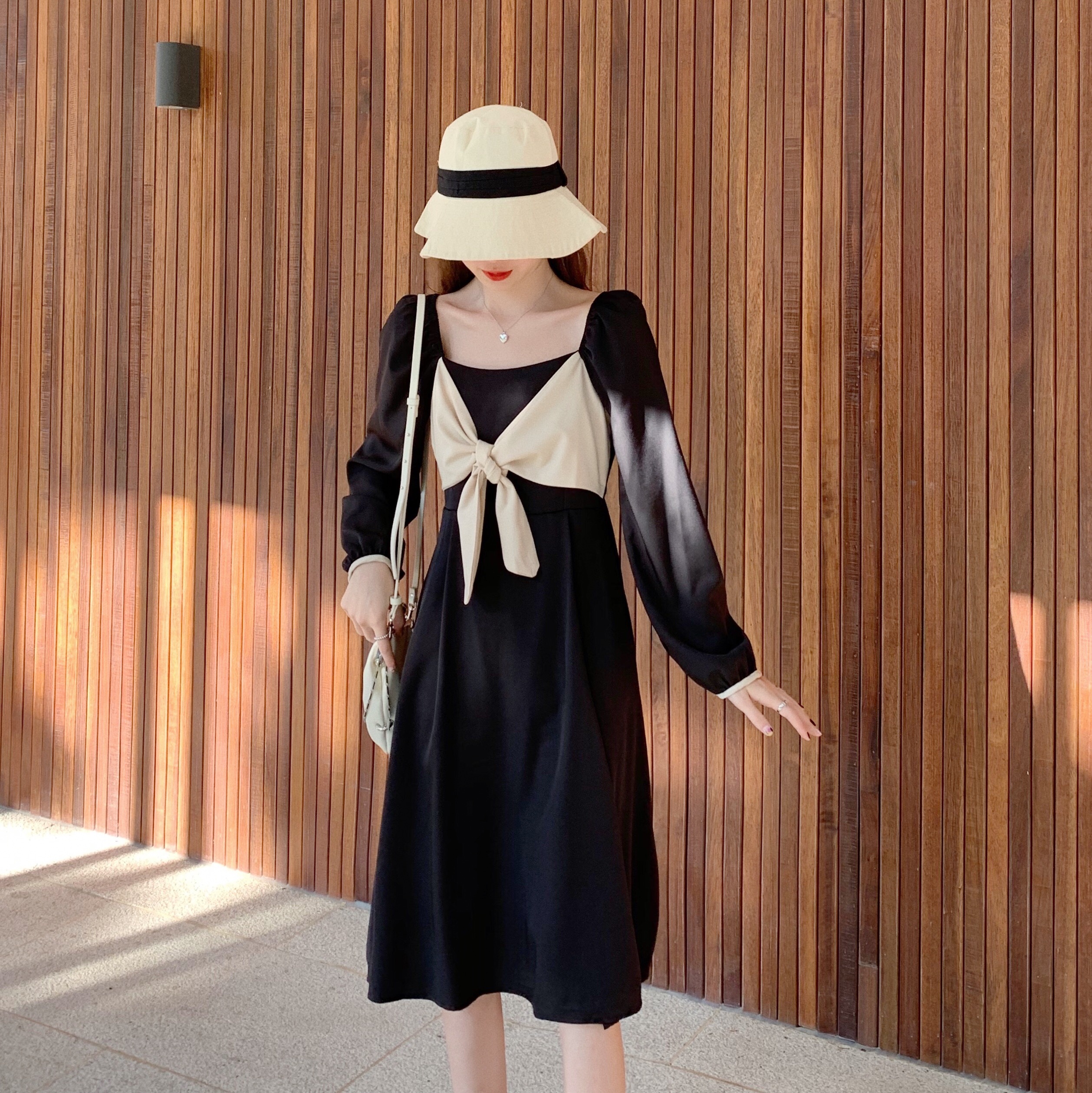 Real price real shot French retro long sleeve waist slim dress women's skirt age reduction high waist autumn