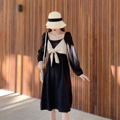 Real price real shot French retro long sleeve waist slim dress women's skirt age reduction high waist autumn