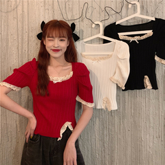 Real price and real auction new style Auricularia square collar short sleeve knitted top for women