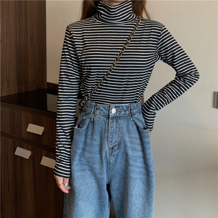 Real price photo high collar striped T-shirt long sleeve loose autumn top with plush bottoming for women