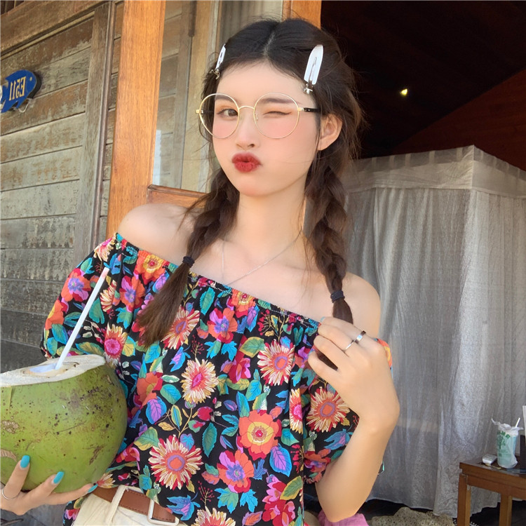 控3实价实拍 法式碎花一字肩上衣女短袖夏季露锁骨衬衫设计感