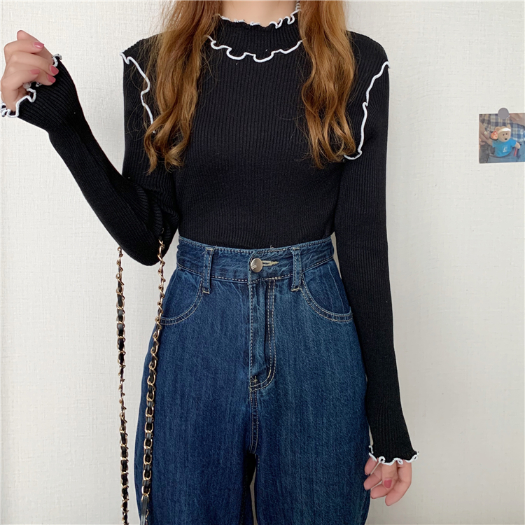 Real price real price half high collar bottom and slim knit shirt with wooden ear edge