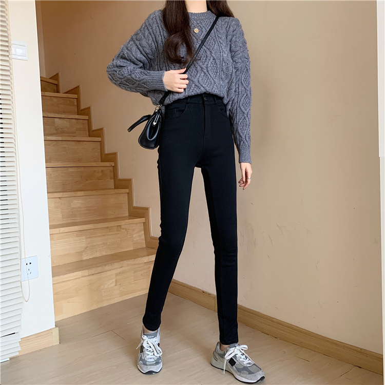 Real price real shot tight elastic high waist slim black small foot pencil bottomed pants Plush / regular