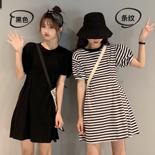 Real-price Korean version of casual waist-slim dress college style black-and-white stripes/black