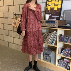 Real price real shot Korean version retro versatile slim floral round neck slim Chiffon Dress