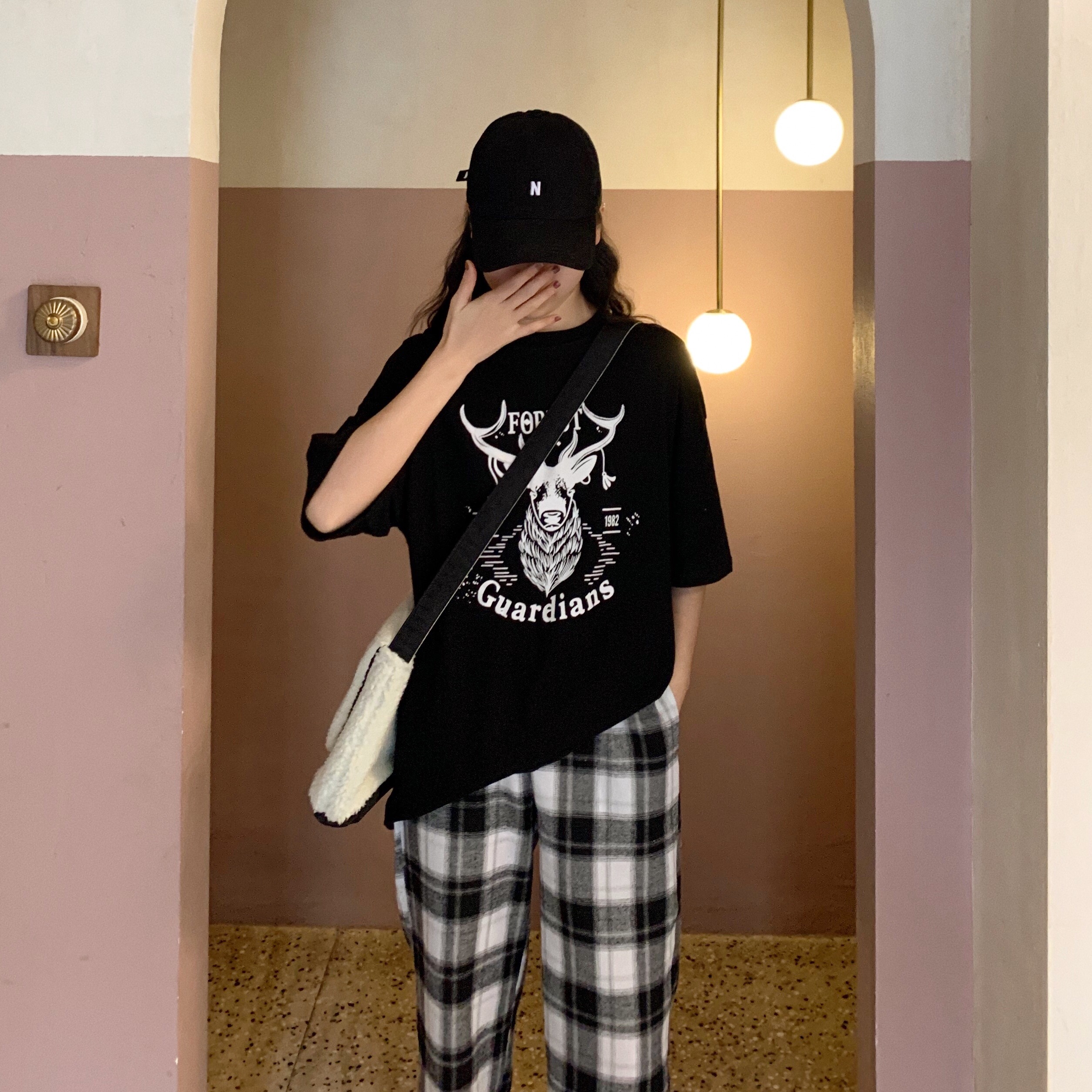 Real price real shot Korean cartoon loose plaid pants and casual pants set