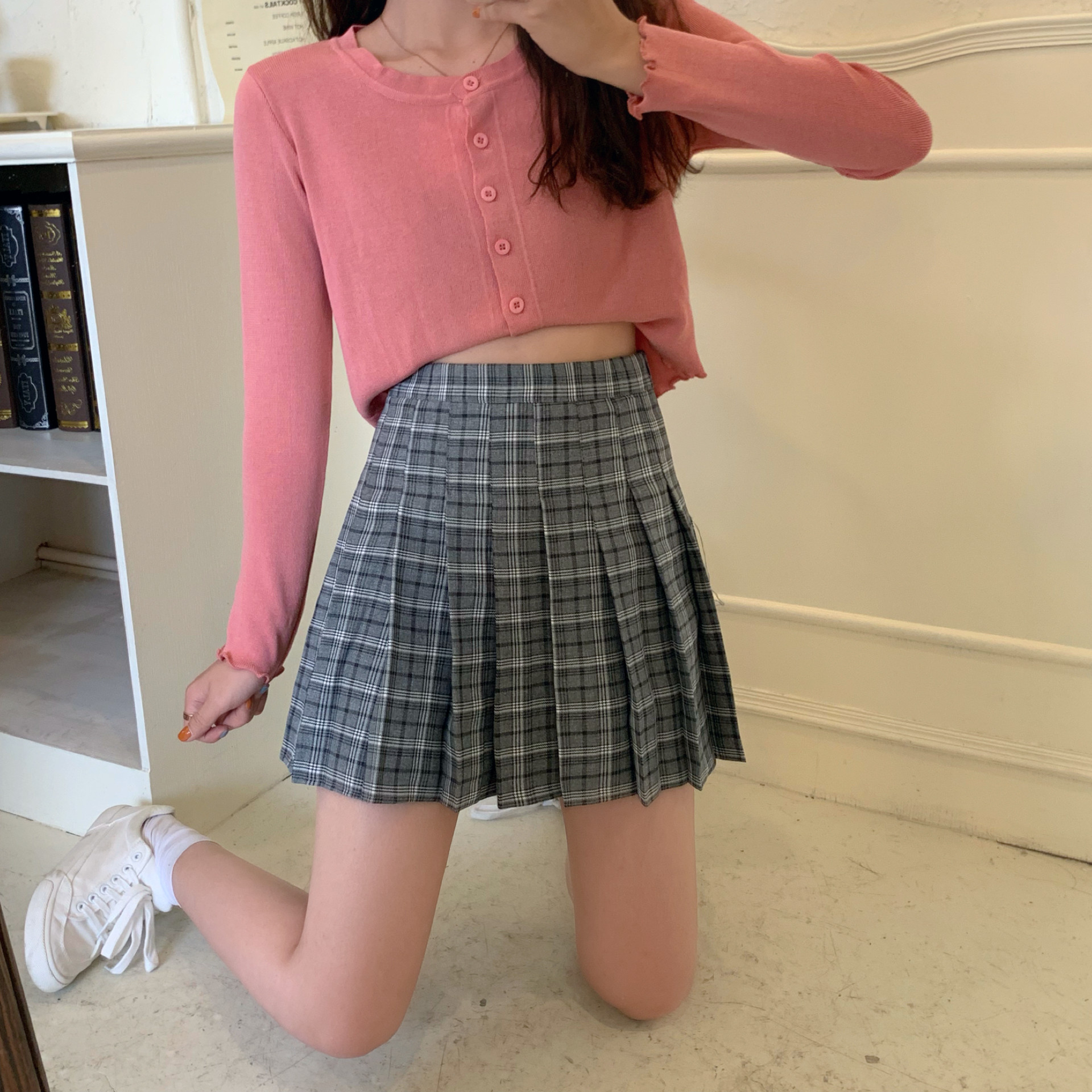 Real price real photo BM skirt A-line high waist pleated skirt short skirt spring and autumn Plaid wrap hip skirt women ins