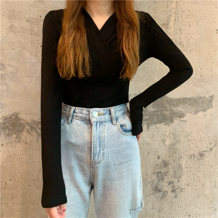 Real price real shot autumn and winter Korean rabbit cashmere knitted long sleeve warm and thickened V-neck clavicle slim top