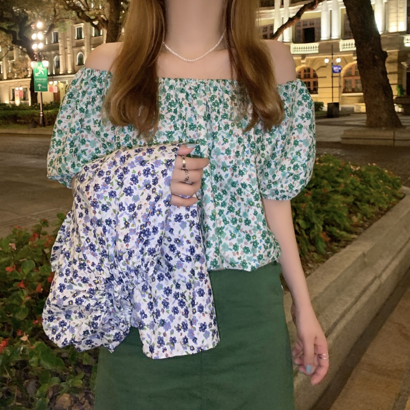 Real shot real price summer new French floral design one shoulder Korean loose short sleeve shirt