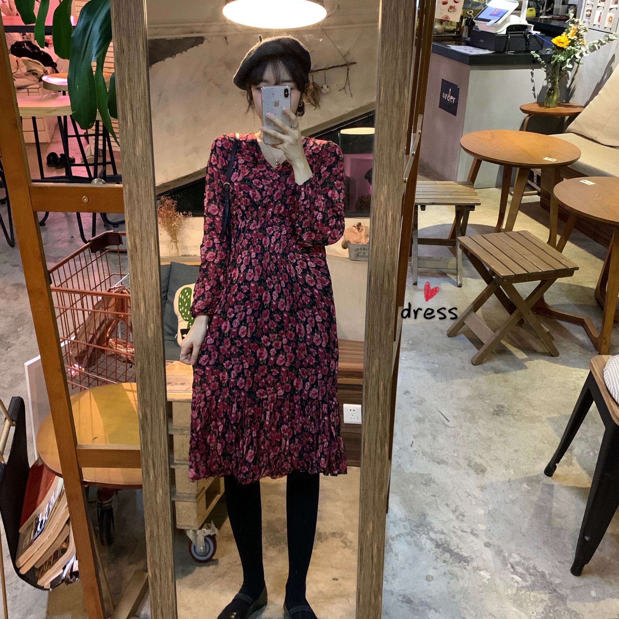 Real price real shot Korean version retro versatile show thin floral collar show thin Chiffon Dress