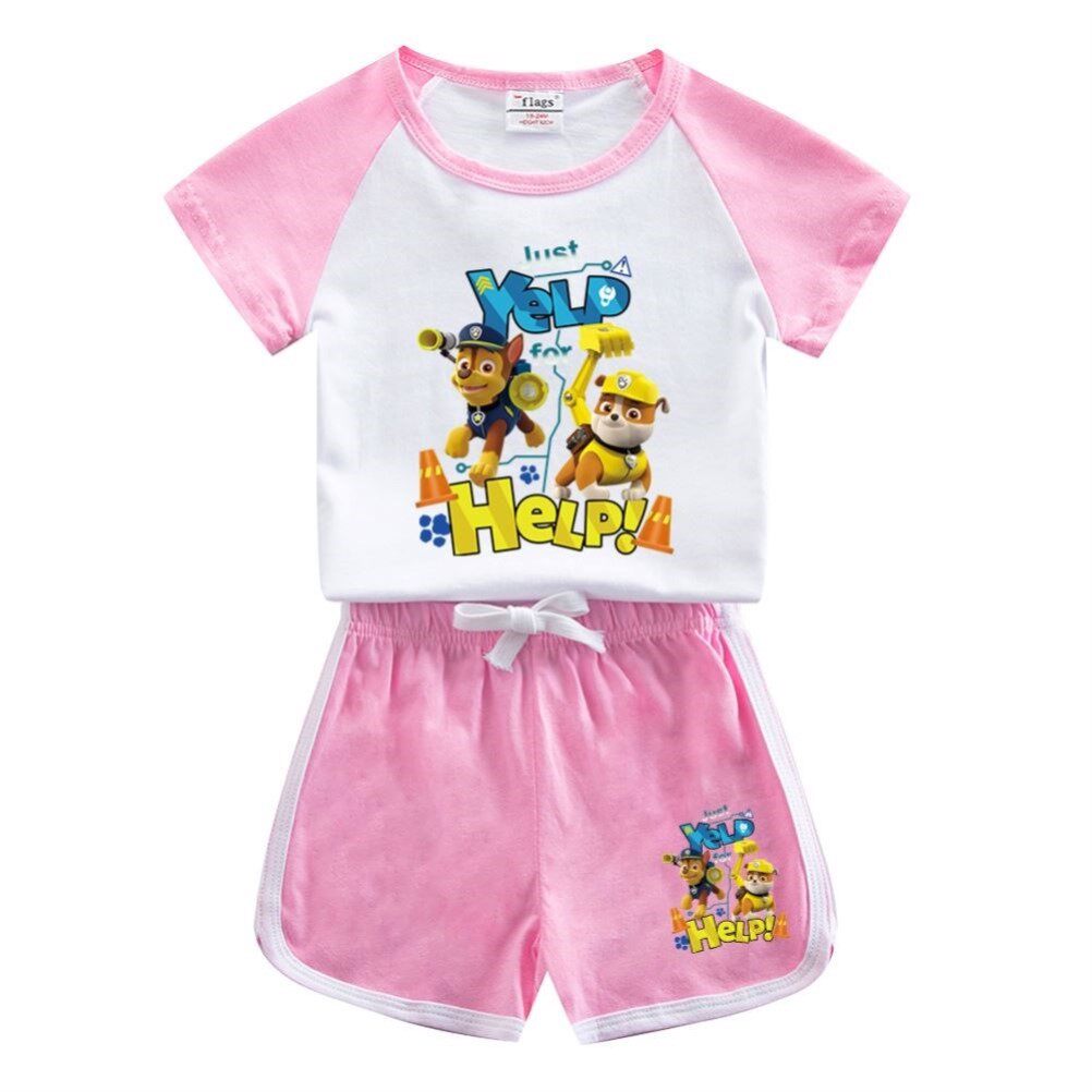 男女童汪汪衣服短袖短裤童装夏季儿童粉色纯棉t恤女宝宝睡衣套装