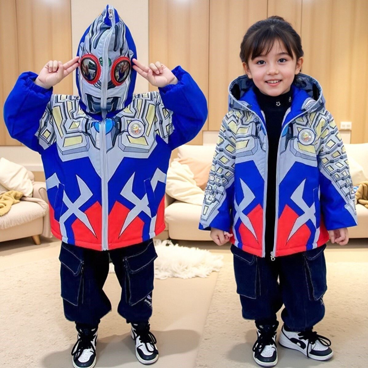 2025新款女童赛罗奥特曼外套男童加绒发光带眼镜中大童冬季冲锋衣