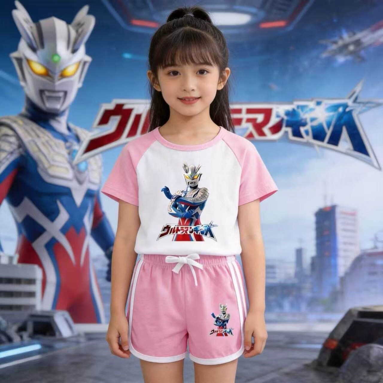 夏季女童赛罗奥特曼衣服纯棉T恤套装女孩运动短袖短裤睡衣两件套