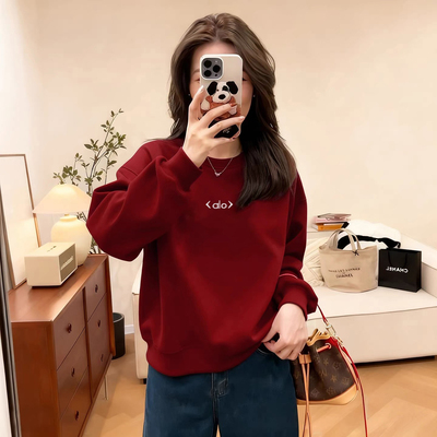 2026早春简约字母印花红色圆领卫衣女宽松套头长袖休闲小个子上衣