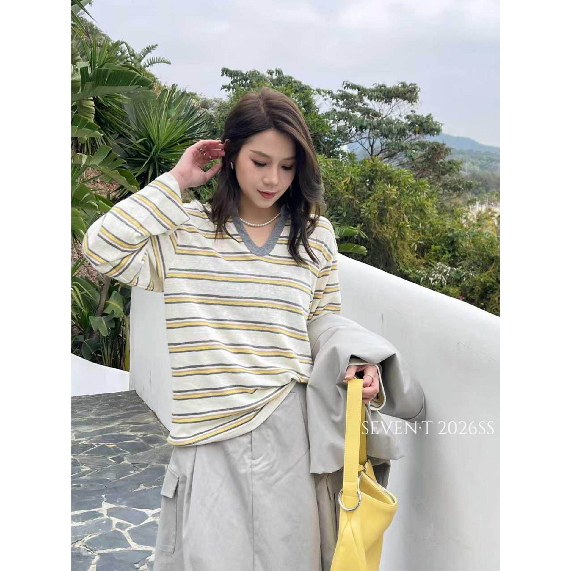 深圳南油2026春夏美式松弛感条纹V领长袖T恤女宽松慵懒风气质上衣