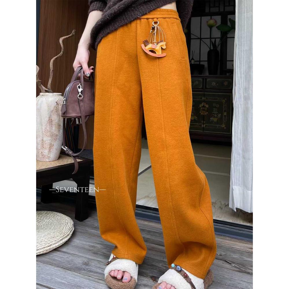 深圳南油2025秋冬时尚松紧腰挂饰直筒休闲卫裤复合羊毛阔腿弯刀裤