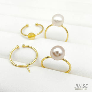 镀真金保色DIY手工平托戒指粘贴戒面半孔珠针镶珍珠开口戒托配件