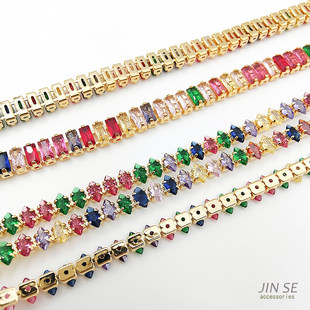 镀18K14K真金保色超闪锆石彩色长方爪链散链diy手链项链服饰材料