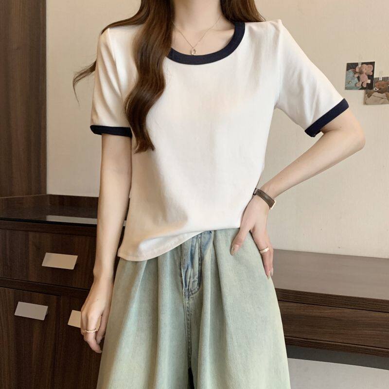 2026年夏季通勤风圆领女款宽松短袖新韩版撞色女士休闲上衣T恤