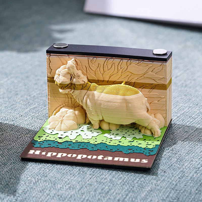 上新3d立体纸雕便签纸远古动物系列卡通手撕桌面摆件河马侏罗纪