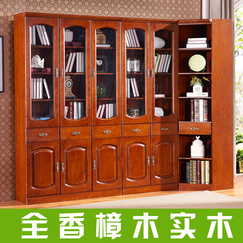欧美式书柜香樟木实木书柜三门两门五门连转角组合带玻璃书橱书架