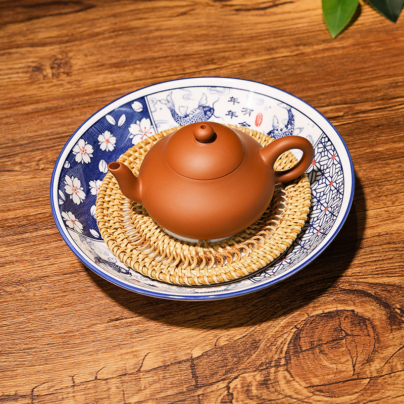 青花壶承编藤干泡台养紫砂壶茶托大号托盘丝瓜络壶承储水式茶台