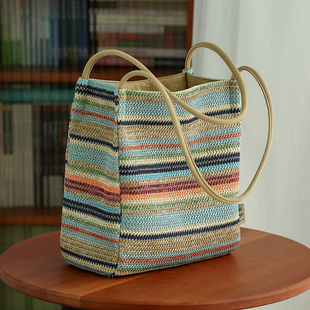 布奏夏季 草编包上课通勤包单肩包设计感小众编织女包夏天包包彩虹