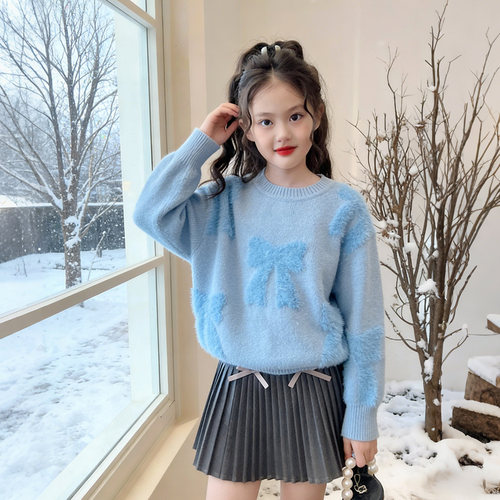 女童仿水貂毛蓝色毛衣保暖针织衫