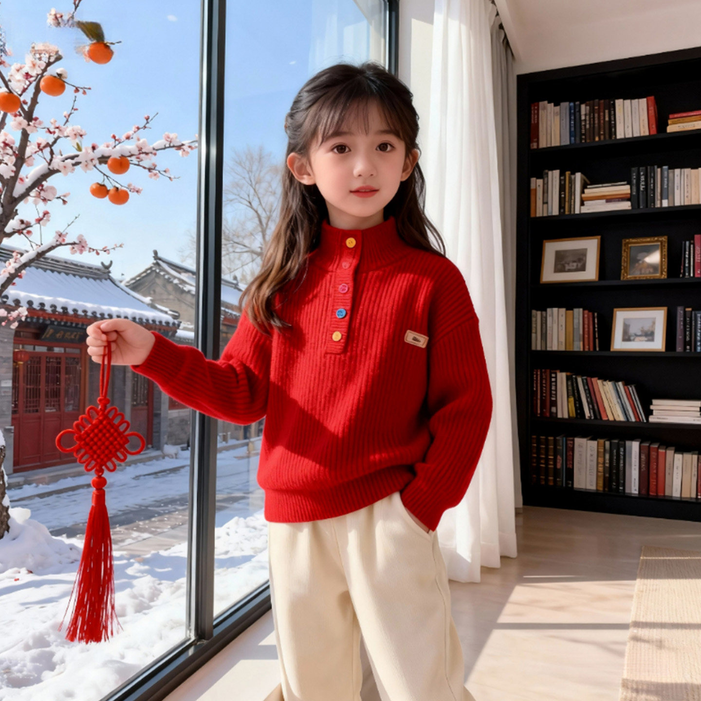 女童红色过年一体绒加厚毛衣冬季2025新款儿童拜年衣服打底针织衫