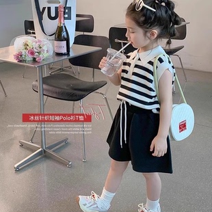 女童Polo衫夏季短袖T恤2026新款小女孩儿童黑白条纹针织上衣童装
