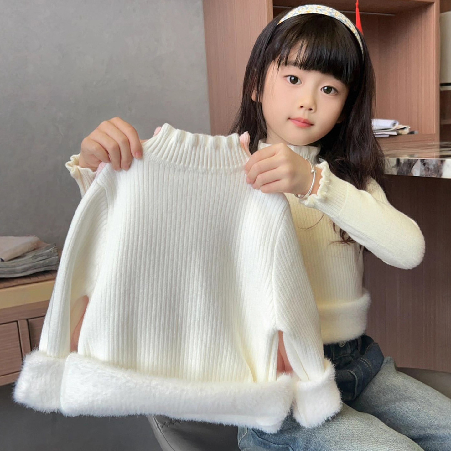 女童一体绒加绒毛衣秋冬打底衫