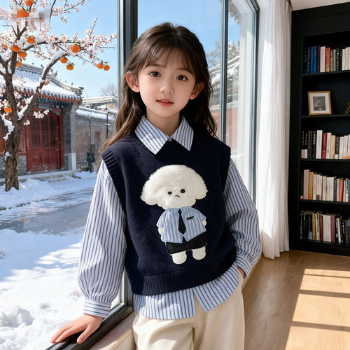 女童立体毛绒小狗针织马甲毛衣