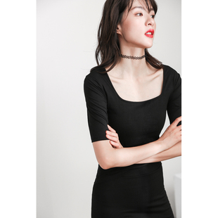 纯色中袖 复古方领上衣U领t恤修身 打底衫 大码 定制 2019秋季 小码 新款