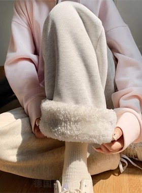 德国灰色阔腿裤女2024新款秋冬款高级感羊羔绒宽松棉裤加绒卫裤子