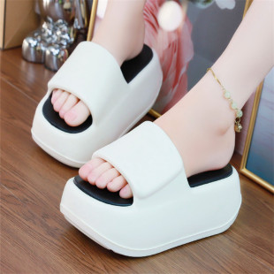 防滑软底外穿 厚底增高松糕底凉拖女夏季 高跟拖鞋 超厚底白色凉拖鞋
