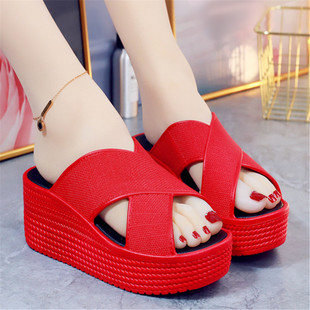 高跟红色拖鞋女夏厚底外穿坡跟凉拖鞋增高百搭交叉软底防滑家居女