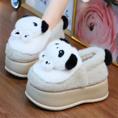 高跟厚底包跟棉拖鞋保暖熊猫拖鞋女外穿毛绒棉鞋加厚防寒毛毛拖鞋