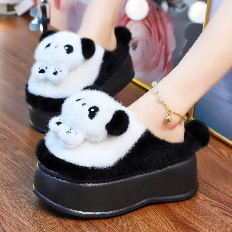 高跟黑色厚底熊猫拖鞋保暖毛绒棉拖鞋女冬季外穿毛毛拖鞋防滑棉拖