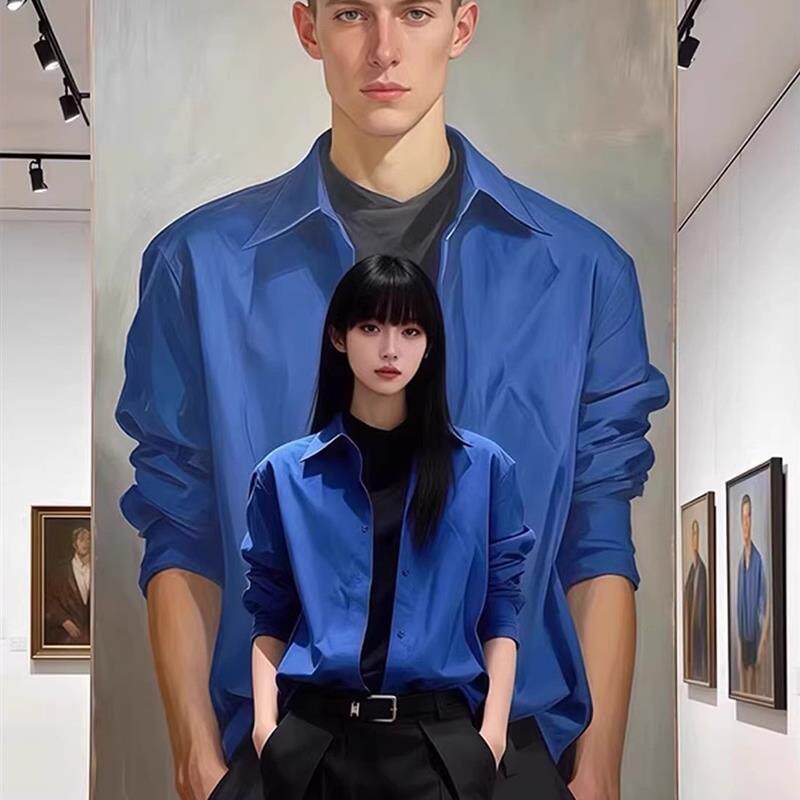 克莱因蓝色韩系高级感衬衫男春季高级感痞帅叠穿长袖衬衣正肩外套