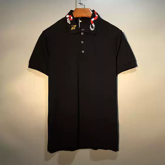 European and American Trendy Brand Embroidered Collar Snake and Bee Pique Cotton Loose Men's Short-Sleeve T-Shirt Polo Shirt Summer ins