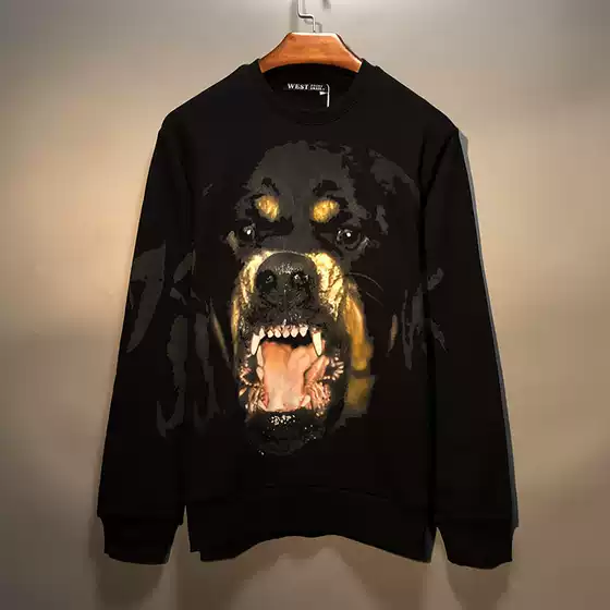New Round-Neck Hoodless Sweatshirt for Men, Loose Fit, Dog Head Design, Trendy Women's Jacket, Fleece-Lined, Couple's Trendy Brand, Hong Kong Style, Autumn/Winter ins