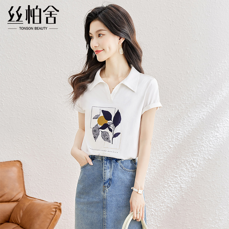 丝柏舍翻领T恤2025夏季新款女装时尚遮肉短款印花宽松款简约上衣